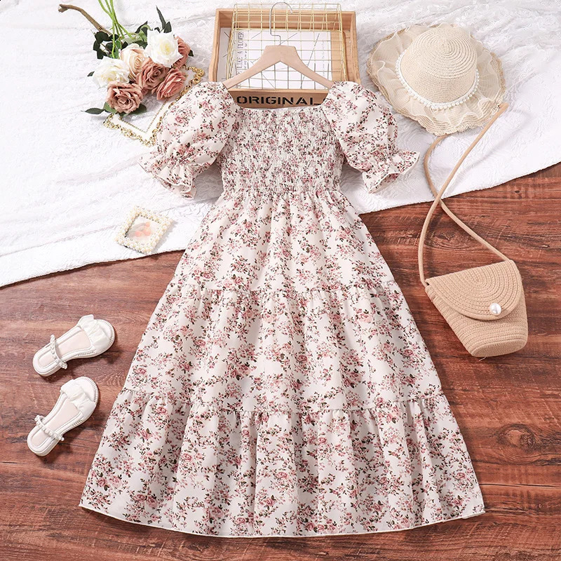 Children Summer Girls 8-12 Years Old Black Short Sleeve Puffed Sleeve Print Long Skirt Holiday Loose Comfortable Pastoral Dress 250408