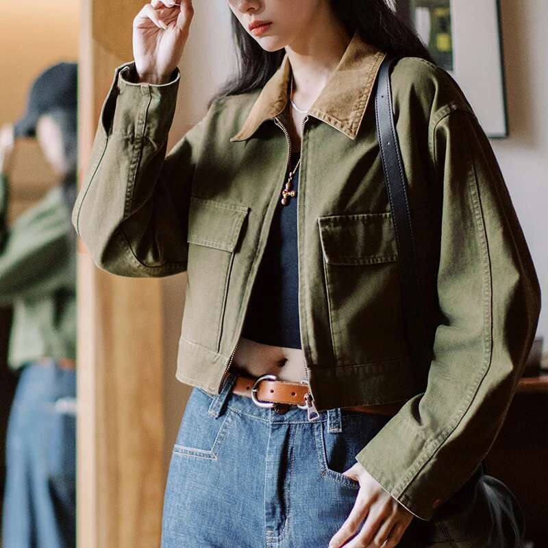 Designer Clothes Maden Women's Autumn Barn Style Color Blocked Canvas Safari Jacket Spliced Turn - Down Collar Workwear Vintage Charm Outwear