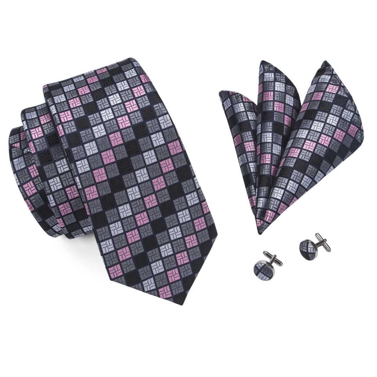 Hi-Tie Designer Grey Plaid Novelty Silk Wedding Tie For Men Handky Cufflink Gift Mens Necktie Fashion Business Party Dropshiping X250407