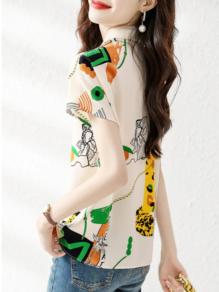 #3304 Summer Vintage Short Chiffon Printed Short Sleeve Shirt Women Sexy Thin France Style Womens Tops And Blouses Loose 250408