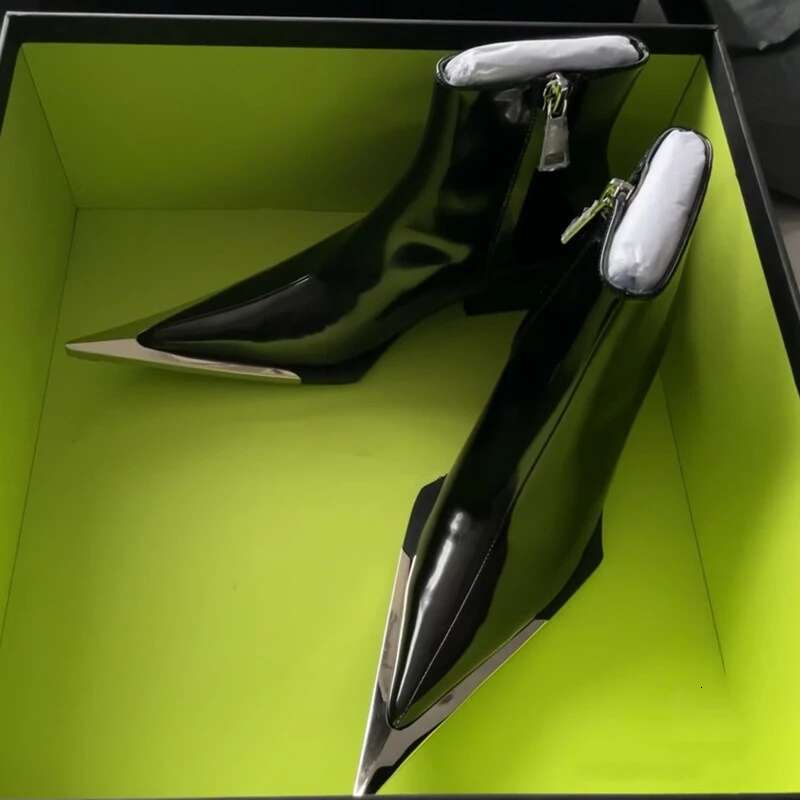2025 Side Zipper Fashion Women's Ankle Metal Pointed Toe Ladies Shoes Crude Heel Western Cowboy Boots Atos Para Mujeres