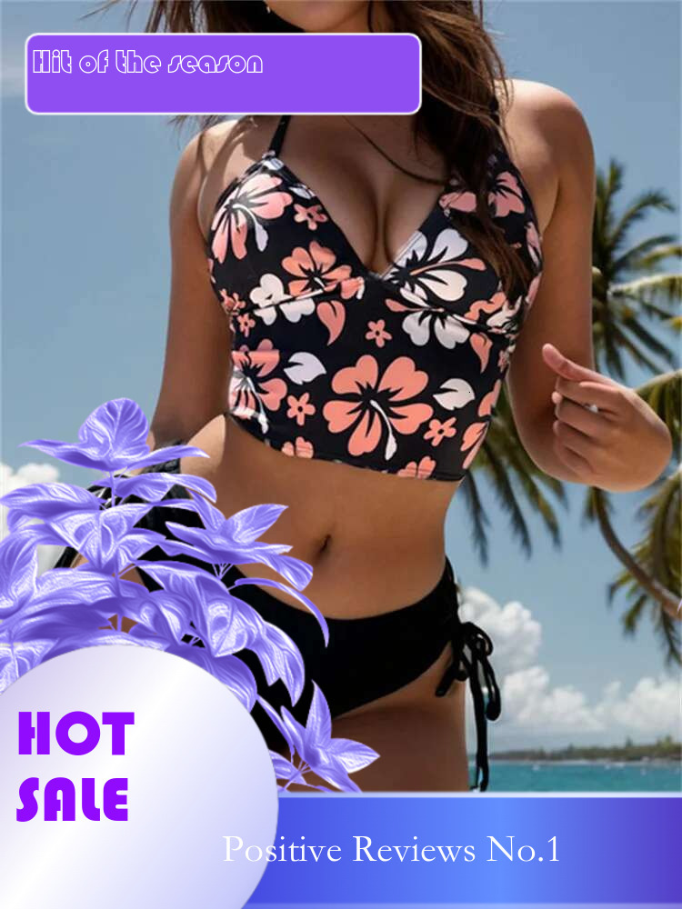 Dongdumaoyi Bikini Women Sexy Black Floral Print Push Up Crop Top Swimsuit Bathing Suit Pleate Tie Side Bandage High Waist Swimwear