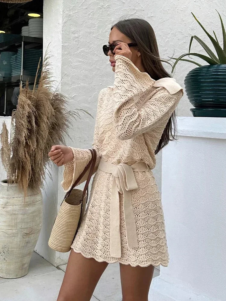 Sexy Vneck Bell sleeve Hollow Knitted Beach Mini Dress 2024 Summer Swimsuit Cover Womens Casual Set K16 250327