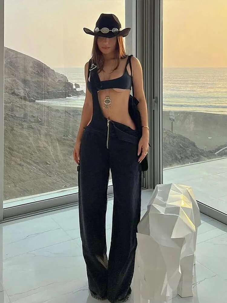 Women's 2025 Adjustable Straps Denim Overalls Exposed Zipper Detail Slant Pockets Utility Jumpsuit Streetwear Chic Stretch Fit