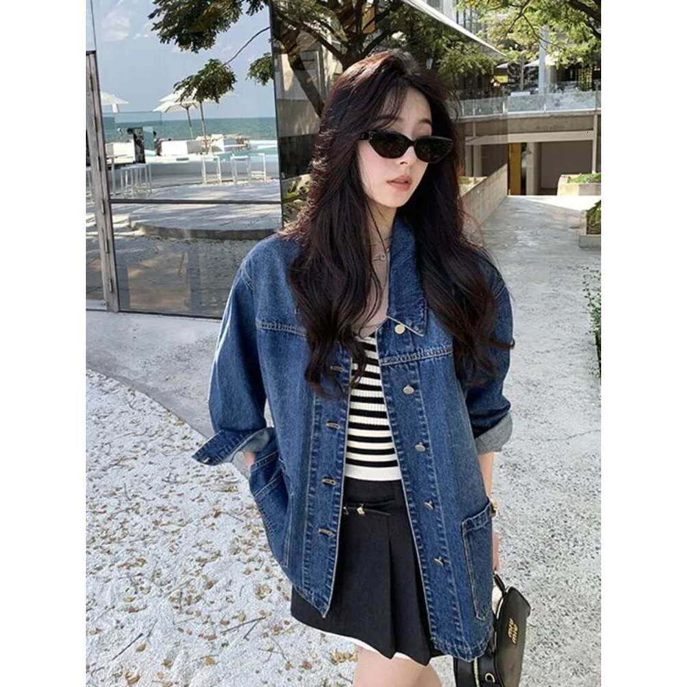 Simple Casual Loose Denim For Women Large Pockets Retro Turn Down Collar Long Sleeve All Match Jacket Coats Chic