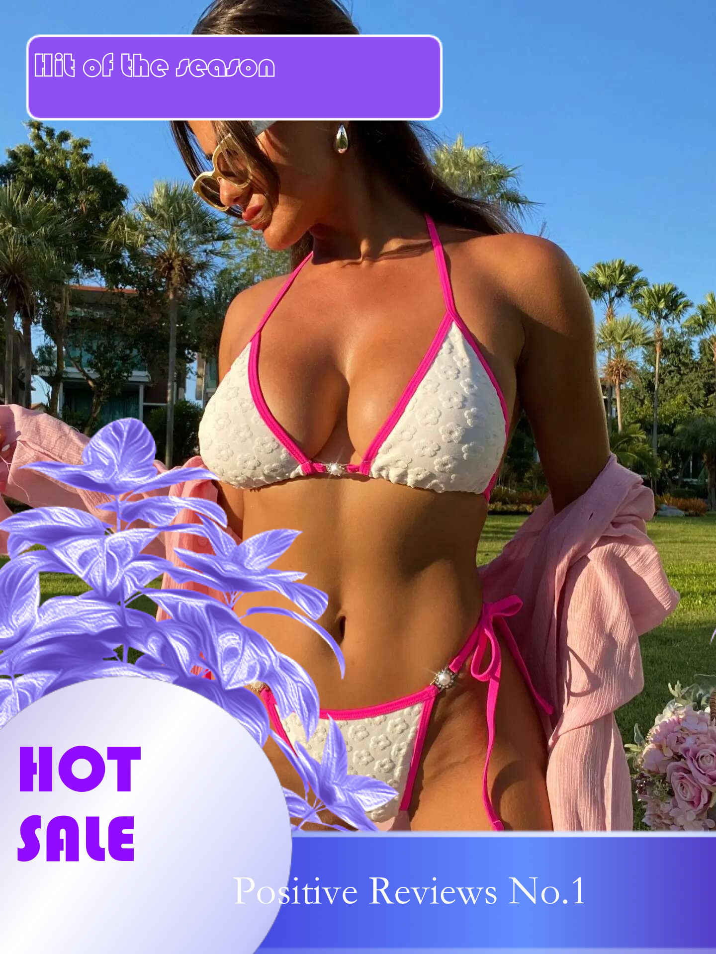 Dongdumaoyi Sexy Pink White Contrast Bikini Set Women Luxury Pearls Push Up Thong Swimsuit Beach Bathing Suit Bandage Micro Swimwear