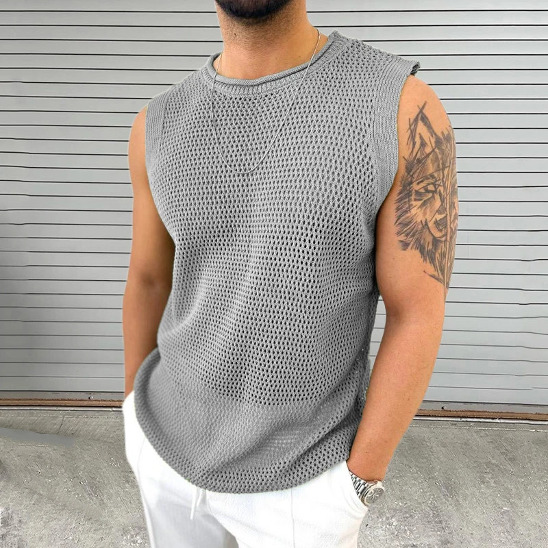 Casual solid color hollow mens knitted vest summer casual O-neck sleeveless mens fashionable ultra-thin knitted vest 250403