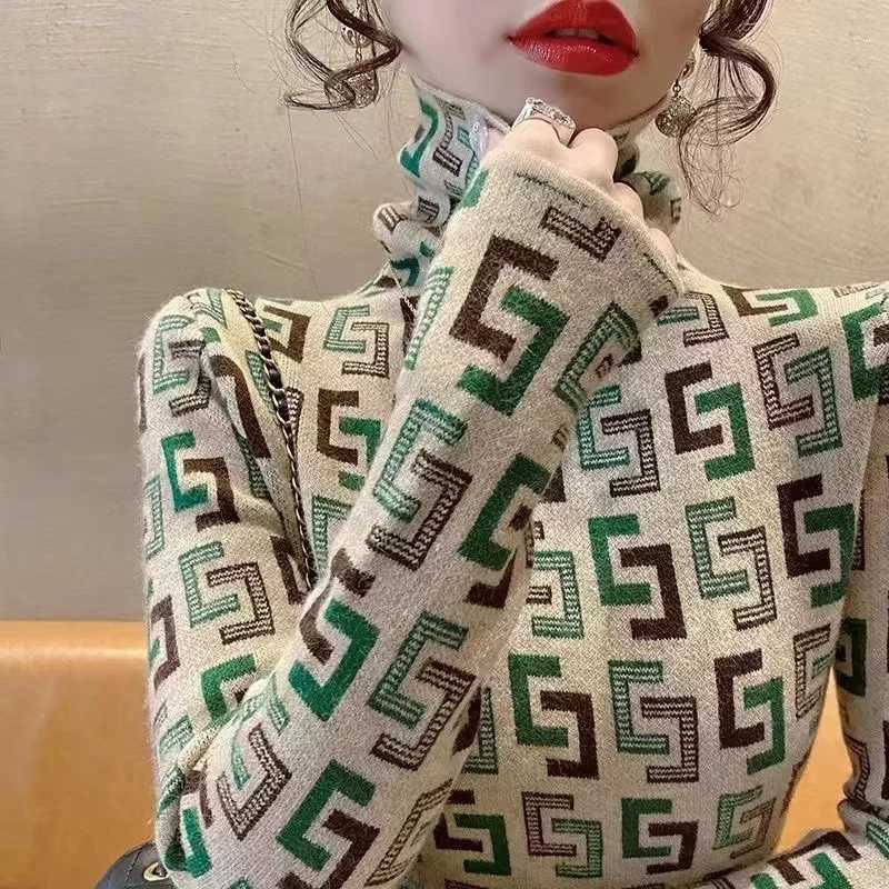Autumn Winter Vintage Chic Geometric Turtleneck Sweaters Women Clothing Casual All-match Long Sleeve Knit Pullovers Fashion Tops C251110