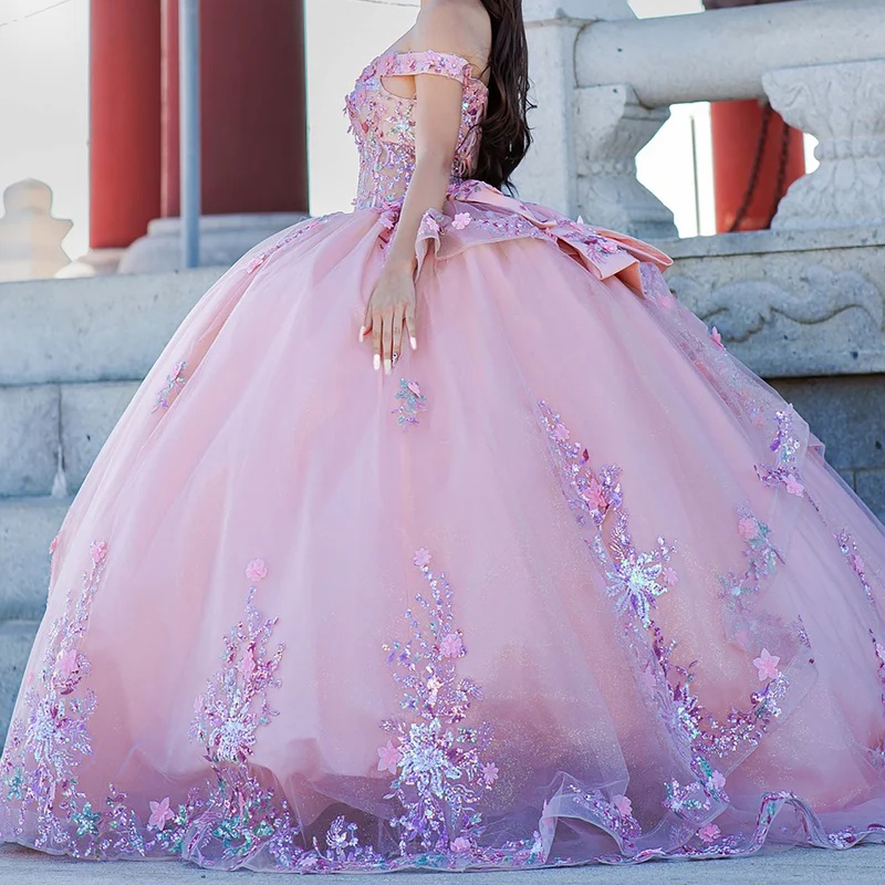 Pink Quinceanera Dresses Off Shoulder Ball Gown Sweet 16 Dress Sequin Applique Lace Beads Bow Tull Birthday Party Vestidos 15 De Anos