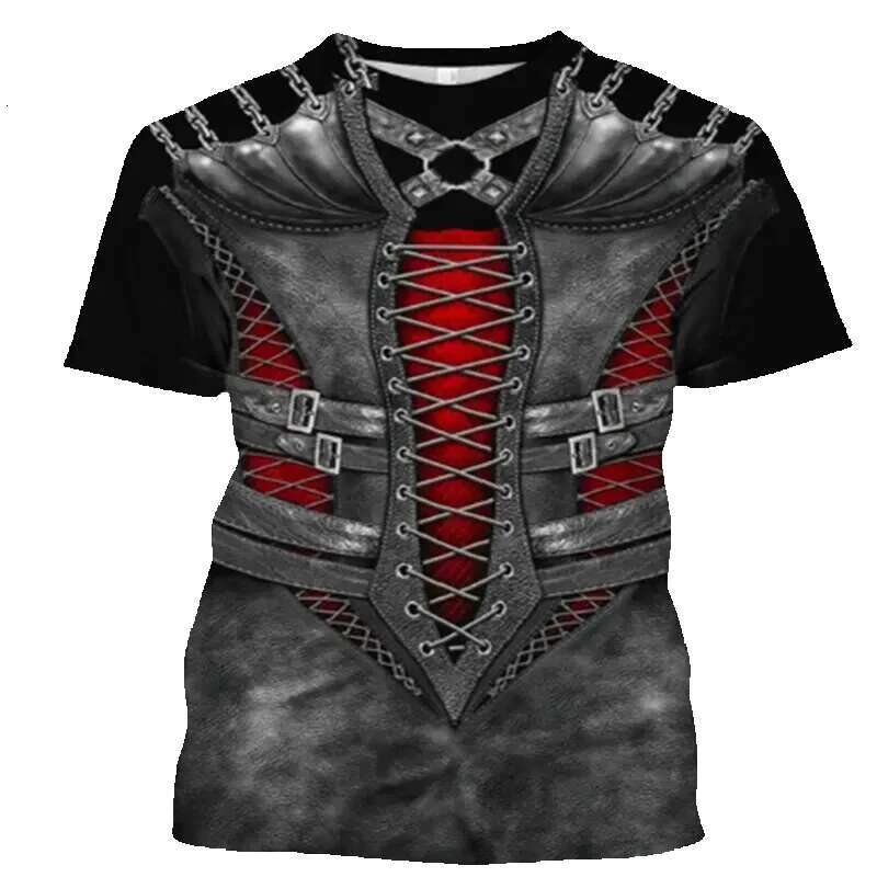 Men's 3D printed armor jacket, fun role-playing, hip-hop street personality, round neck, short sleeved, avant-garde cowboy warrior T-shirt