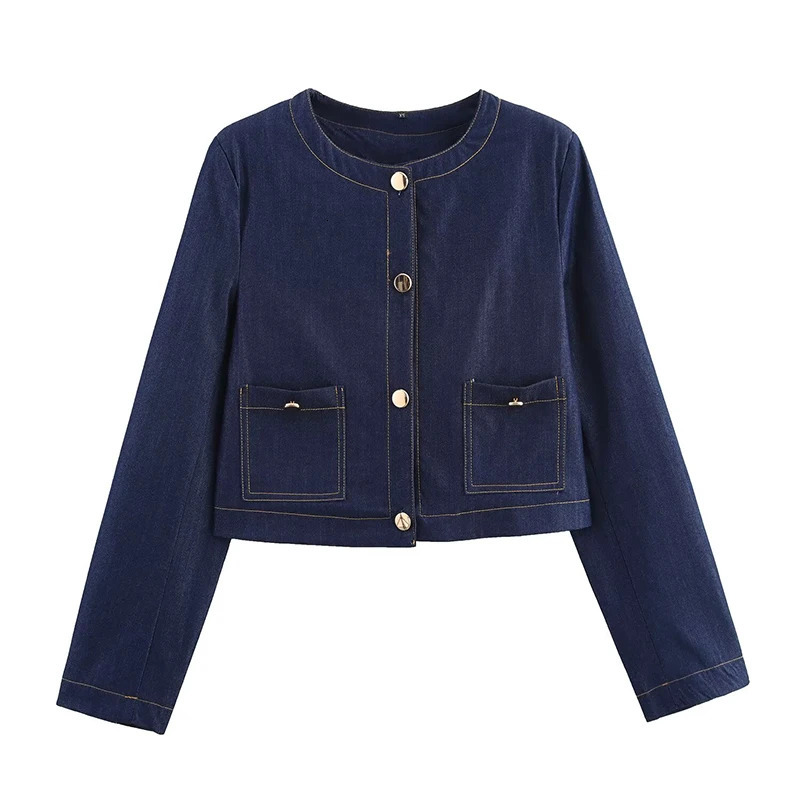 Willshela Womens Fashion Pocket Denim Blue Single Chest Jacket Retro ONeck Long Sleeve Clothing 250407