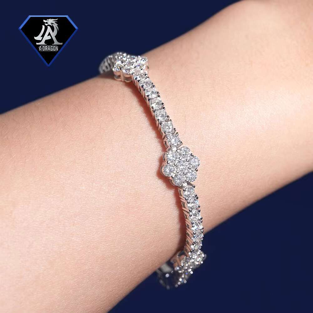 New S925 Silver 3mm D Color Moissanite Flower Design Hip Hop Tennis Bracelet for Unisex