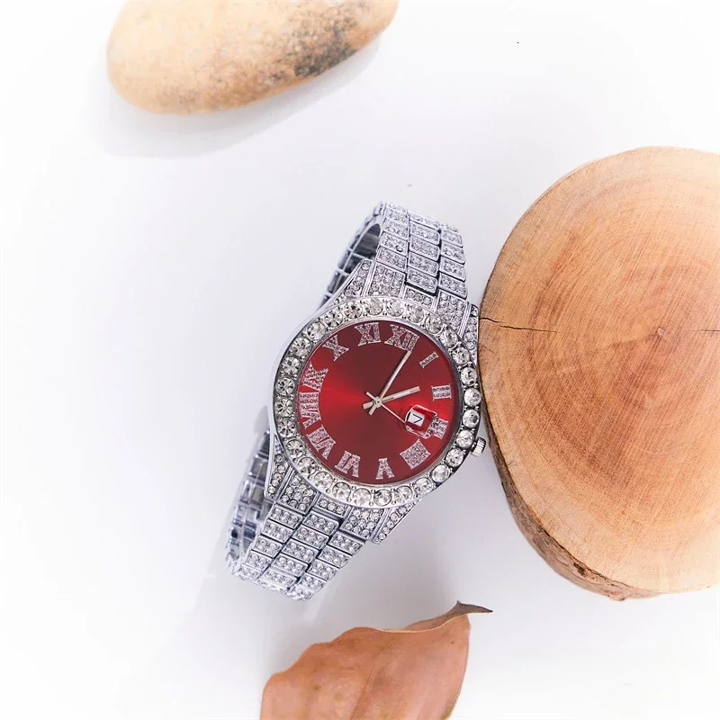 Business Mens Faux Diamond-studded Steel Strap Watch Fashion Hip-hop Street Culture Cuban Bracelet 251107