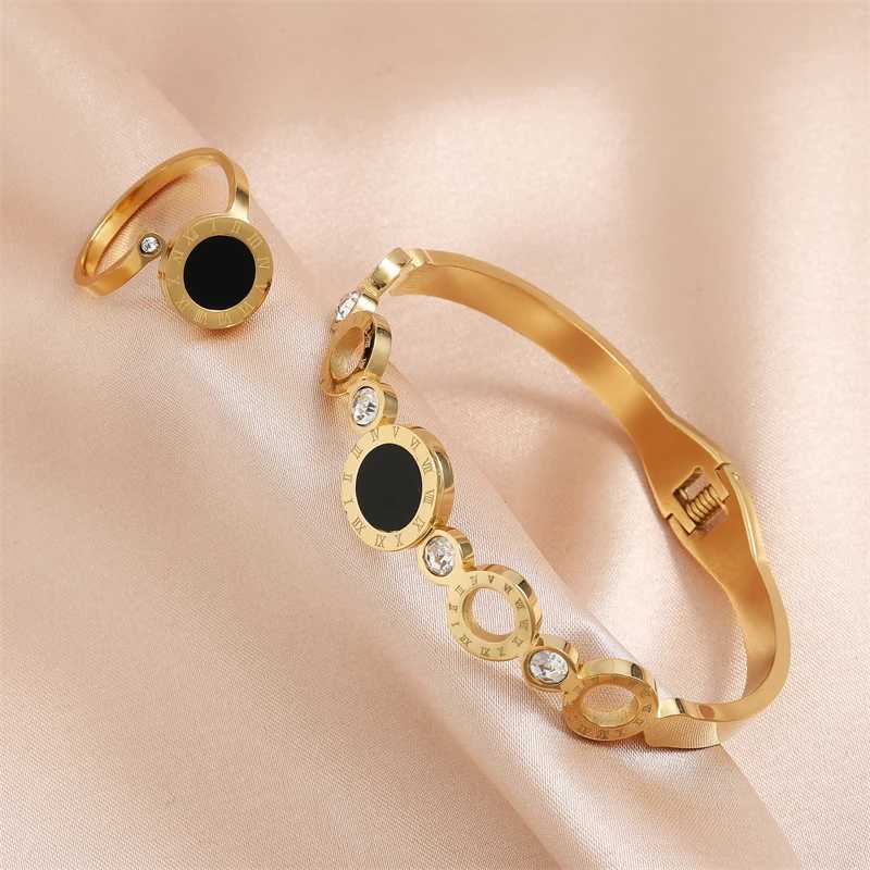 ZAKOL 2-piece Womens Fashion Bracelet Ring Black Acrylic Roman Digital Stainless Steel Couple Bracelet Jewelry Set Gift Y250408