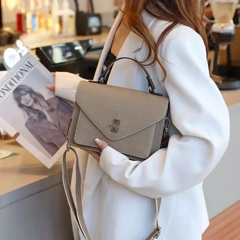 Real Leather Handbag, Women's Envelope New Cowhide Mailman French Small Square Bag, Crossbody Bag