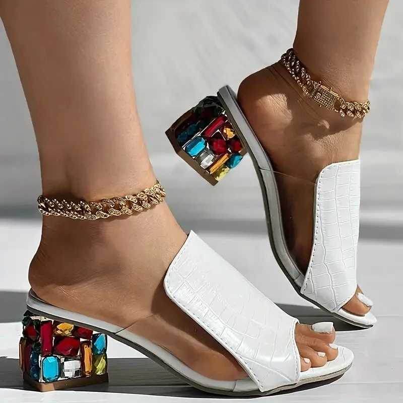 Womens Crystal Sandals 2024 Spring/Summer Open Toe Sandals Square High Heels Beach Fi Sandals Womens Sandals De MujerXJ250407