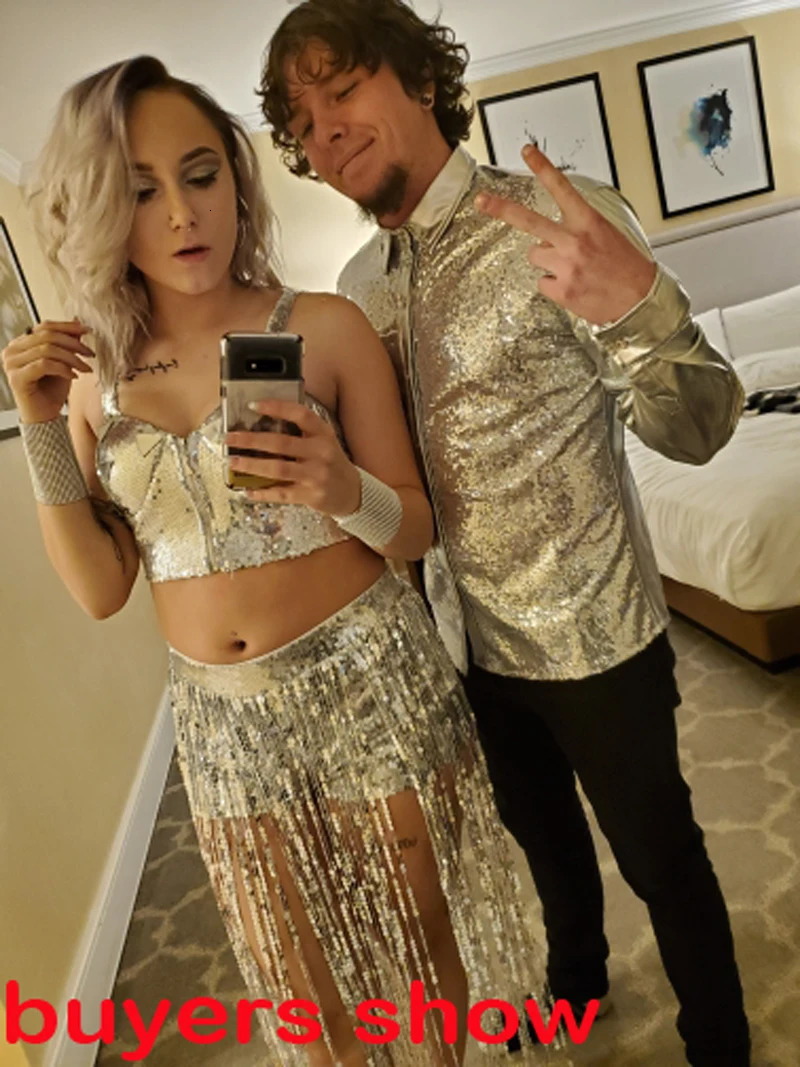 Silver Metallic Sequins Glitter Shirt Men 70s Halloween Costume Chemise Homme Stage Performance Shirt Male 250408