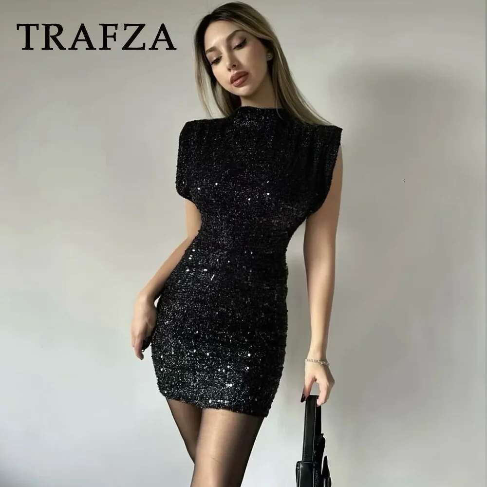 TRAFZA 2025 Sequined Shoulder Pad Sheath Mini Dress Sleeveless Nightclub Party Women Elegant Chic Dresses