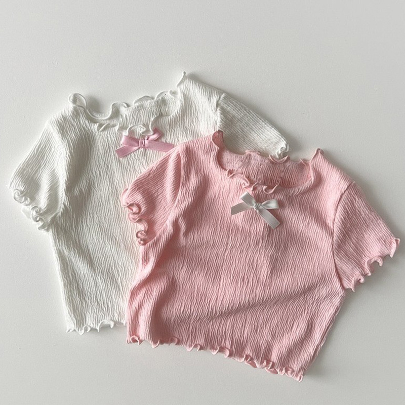 Ddmyshoesvip Girls Fashion Korean Top New Summer Baby Style Bow Short Sleeve T Shirt Children S Solid Color Texture