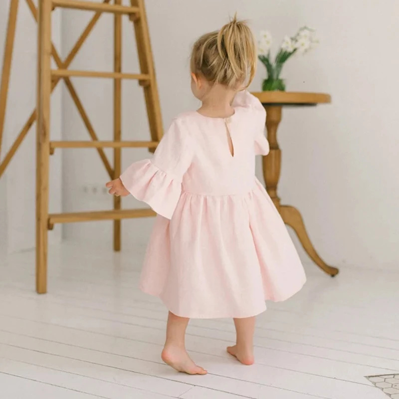 Girls Sweet Cute Cotton And Linen Dress Summer Baby Kids Flare Sleeve Casual Pink Princess Dresses Toddler Girl Clothes 250408