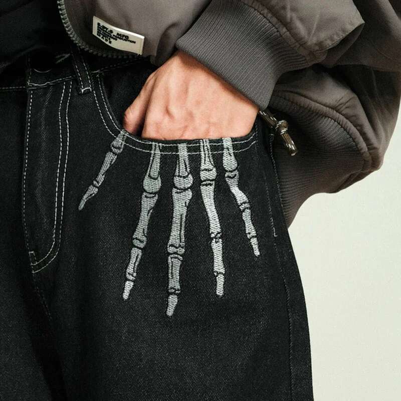 Skeleton Hand Embroidery Denim Mens High Street Wide Leg Pants Streetwear Loose Casual Trousers Jeans Men