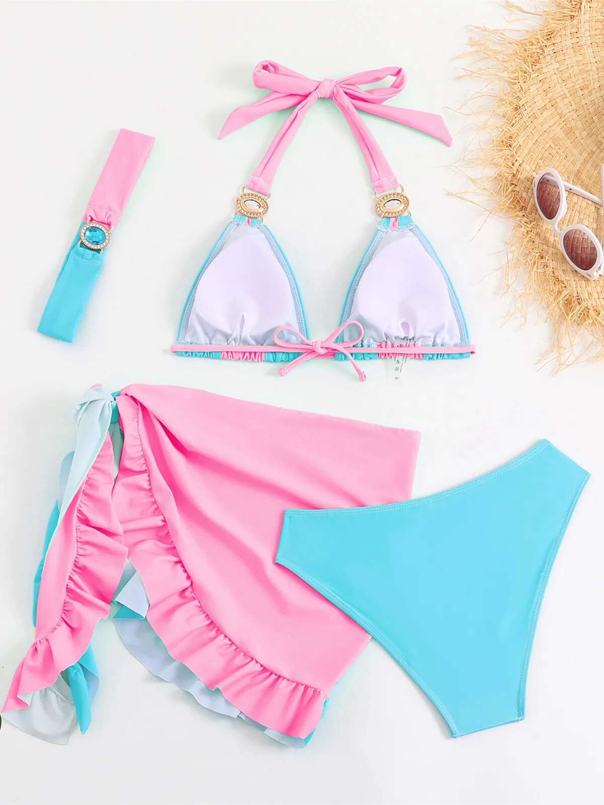 Dongdumaoyi Luxury Rhinestone Bikini Women Green Contrast Diamond Push Up Ruffles Skirt Piece Swimsuit Beach Bathing Suit Swimwear