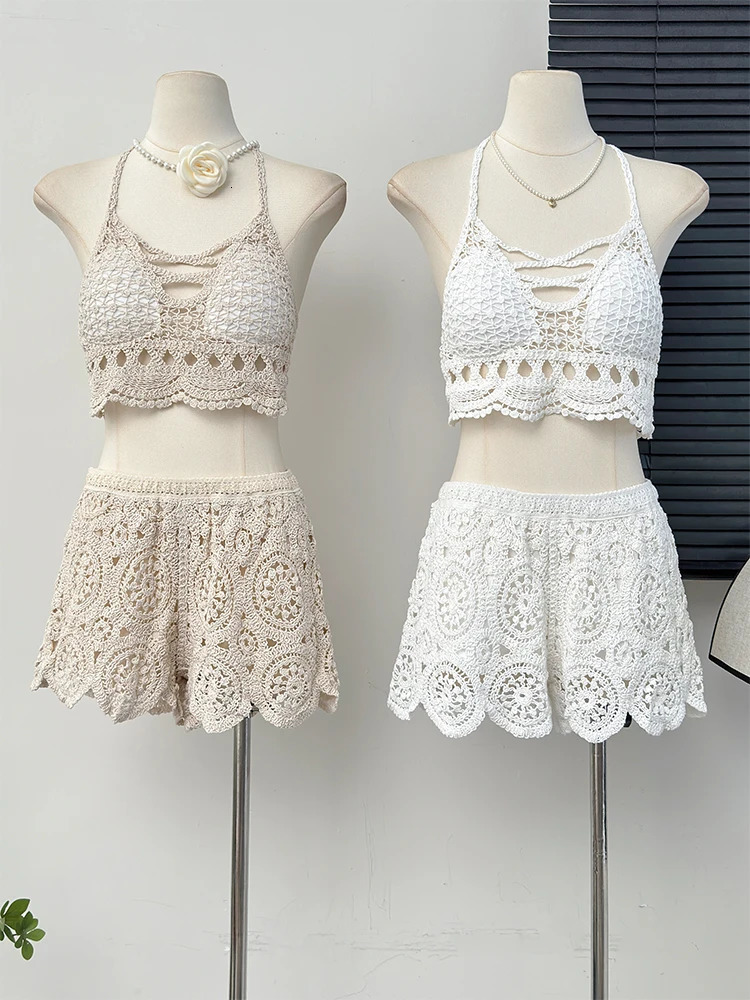 Summer Womens Hollow Crochet Knitted Tank TopSolid Color Crochet Shorts 2-piece Set Seaside Holiday 250401