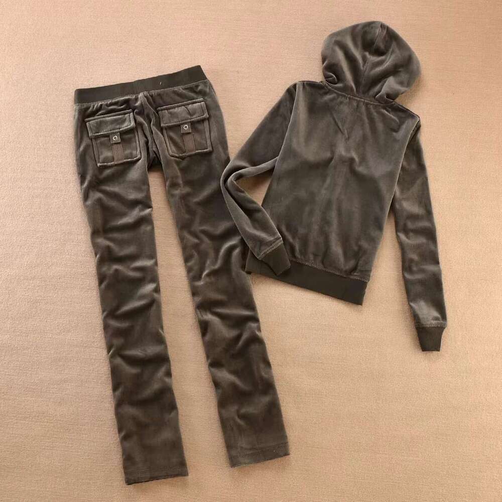 Tracksuit Women Veet Sports Suit 2Pc Thickened Solid Color Hooded Top + Casual Trousers