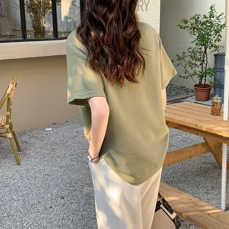 QOERLIN Matcha Green Waffle Short Sleeve T Shirt Women Summer Loose Top Casual Shirts Summer Polo Golf Woman Blouses 250408