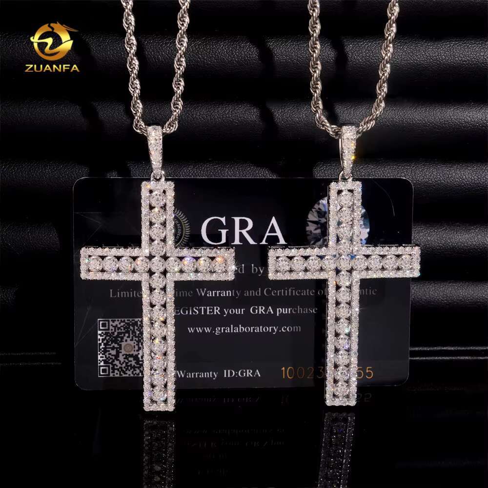Fast Ship High Quality Moissanite Hip Hop Jewelry Cross Iced Out Pendant 925 Silver Moissanite Pendant With 316L Rope Chain