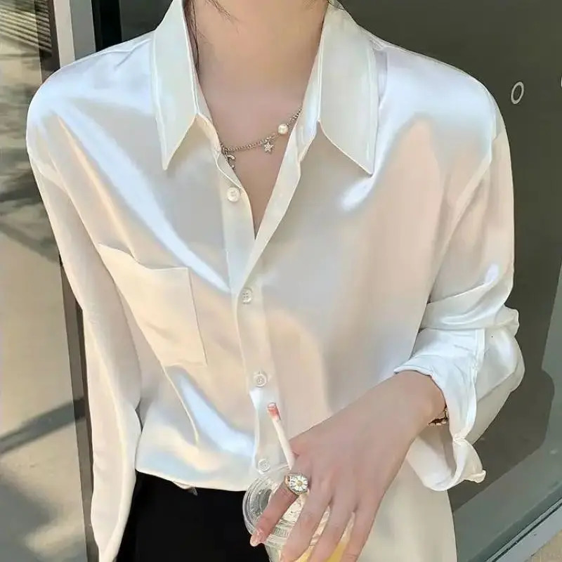 White satin womens long sleeved button solid color shirt casual office womens shirt elegant womens top fashionable 250402