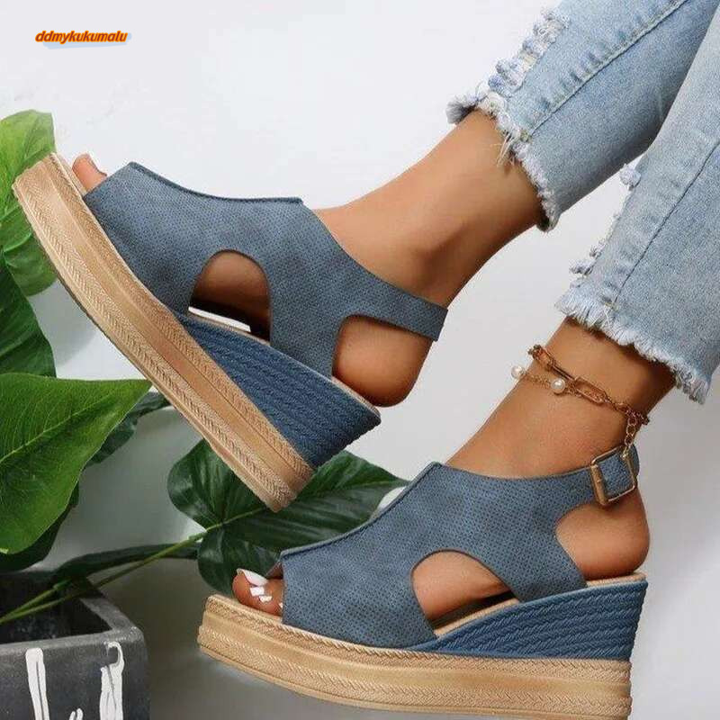 2023 New Casual Wedge Comfy Open Toe Glitter Color Golden Women's Summer High-heeled Sandals Sandalias De Mujer ddmykukumalu