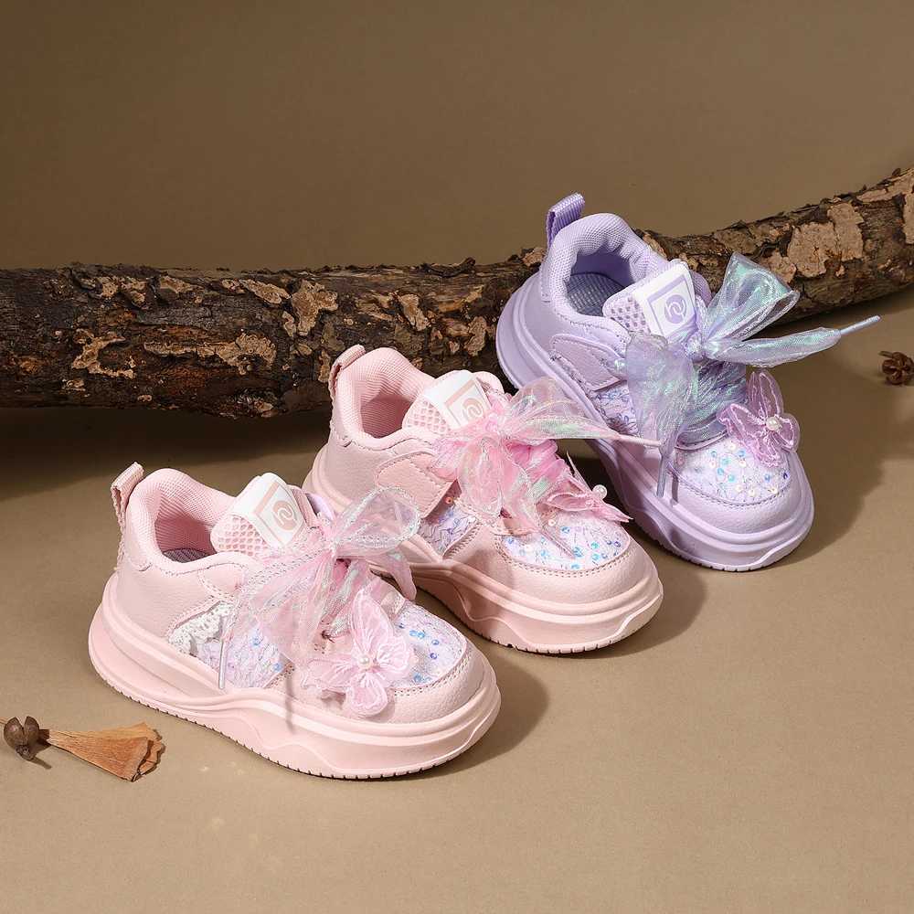 2025 New Spring Girls Shoes Leather Cute Butterfly Lace Childrens Outdoor Tennis Soft Bottom Fashion Childrens Sports Shoes W250407