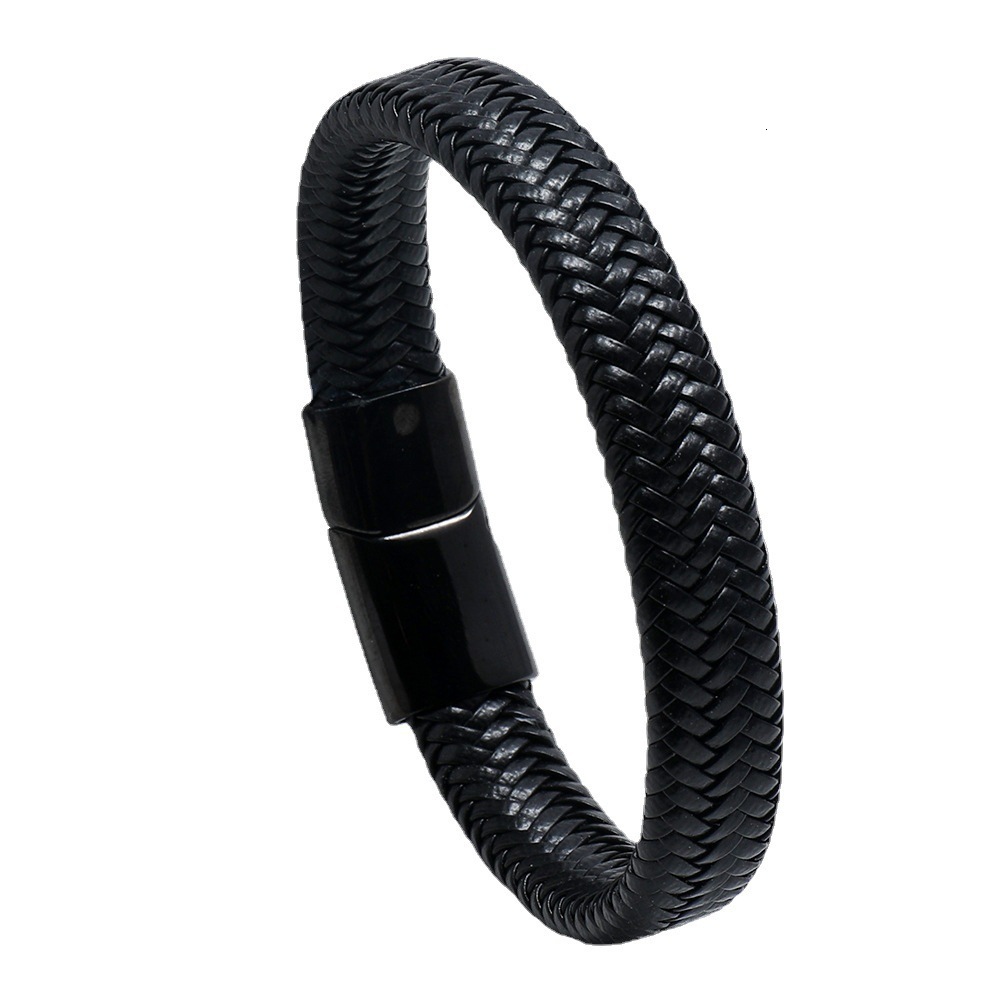 Stainless steel woven leather high-end black magnetic buckle bracelet, gift for friend boyfriend