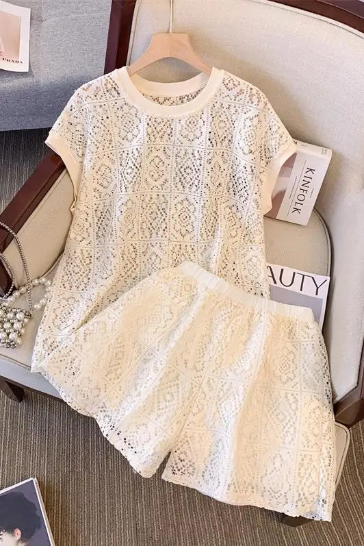 Fashion Solid Knitted Shorts Set for Womens Summer Cutting Zipper Casual High Waist Short Style Fashionable Beach Hollow Two Piece Set 250401