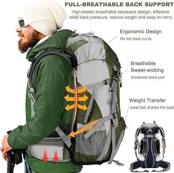 50L Waterproof Hiking Backpack - Lightweight Camping Bag with Rain Cover 45+5 Liter Capacity Ideal for Backpacking and OutdooC250407