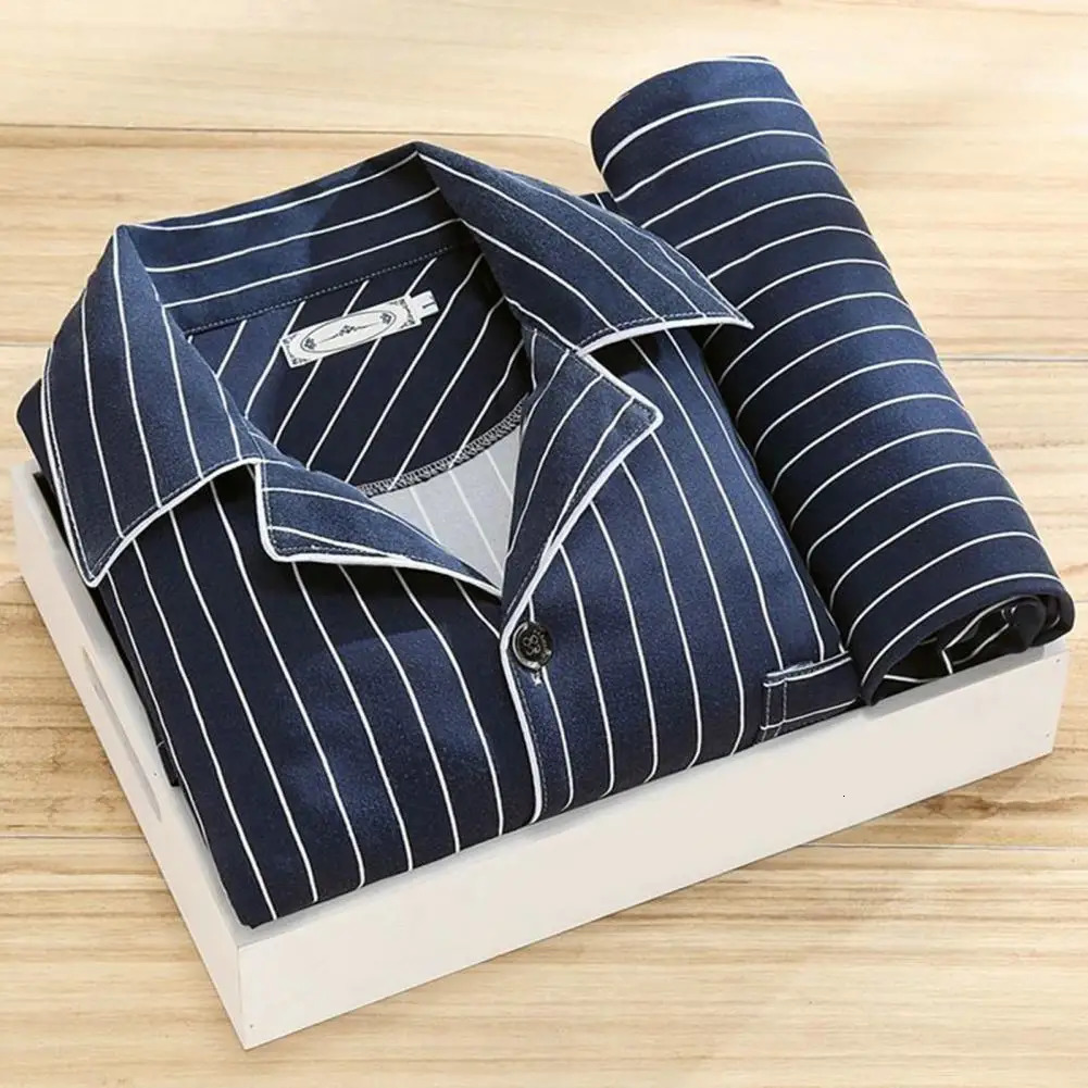 Comfortable milk silk casual wear fashionable mens autumn and winter pajamas set with striped plain printing color matching lapel single breasted long