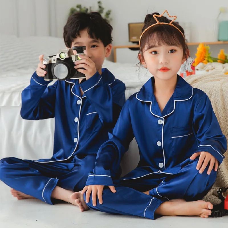 Button Spring Summer Sleepwear Child Satin Pajamas Sets Kids Girls Boys Silk Long Sleeve 2 Pcs TopsPants Homewear Pyjama 250407