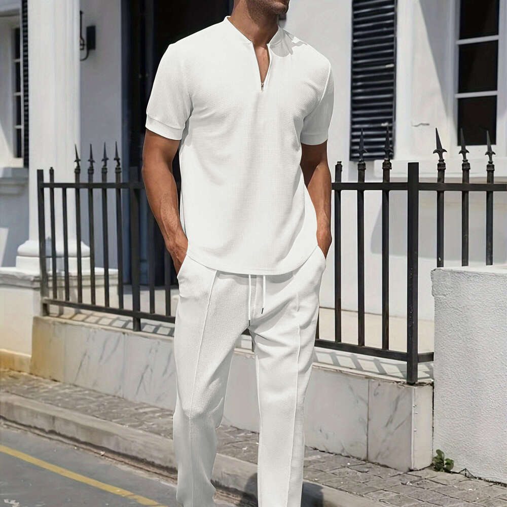 Summer Youth Waffle Collar Solid Color Zipper Short Sleeve Pants Set 2025 New Casual Fashion Trendy Clothing