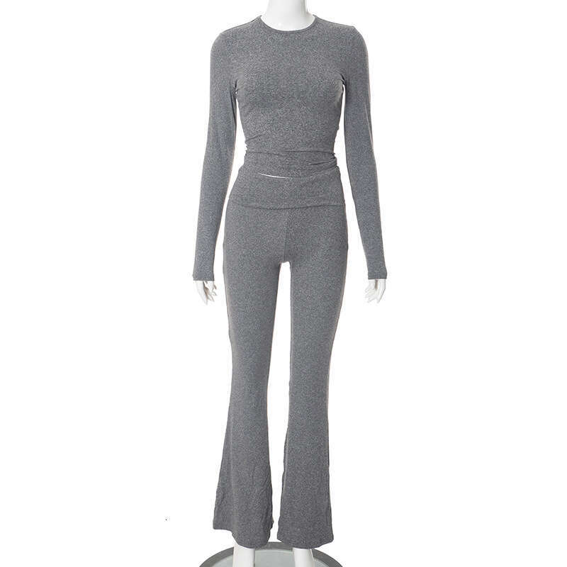 European American women's autumn winter clean color long sleeved fashionable pants two-piece set wholesale, 2025 new item, chic and elegant cloth