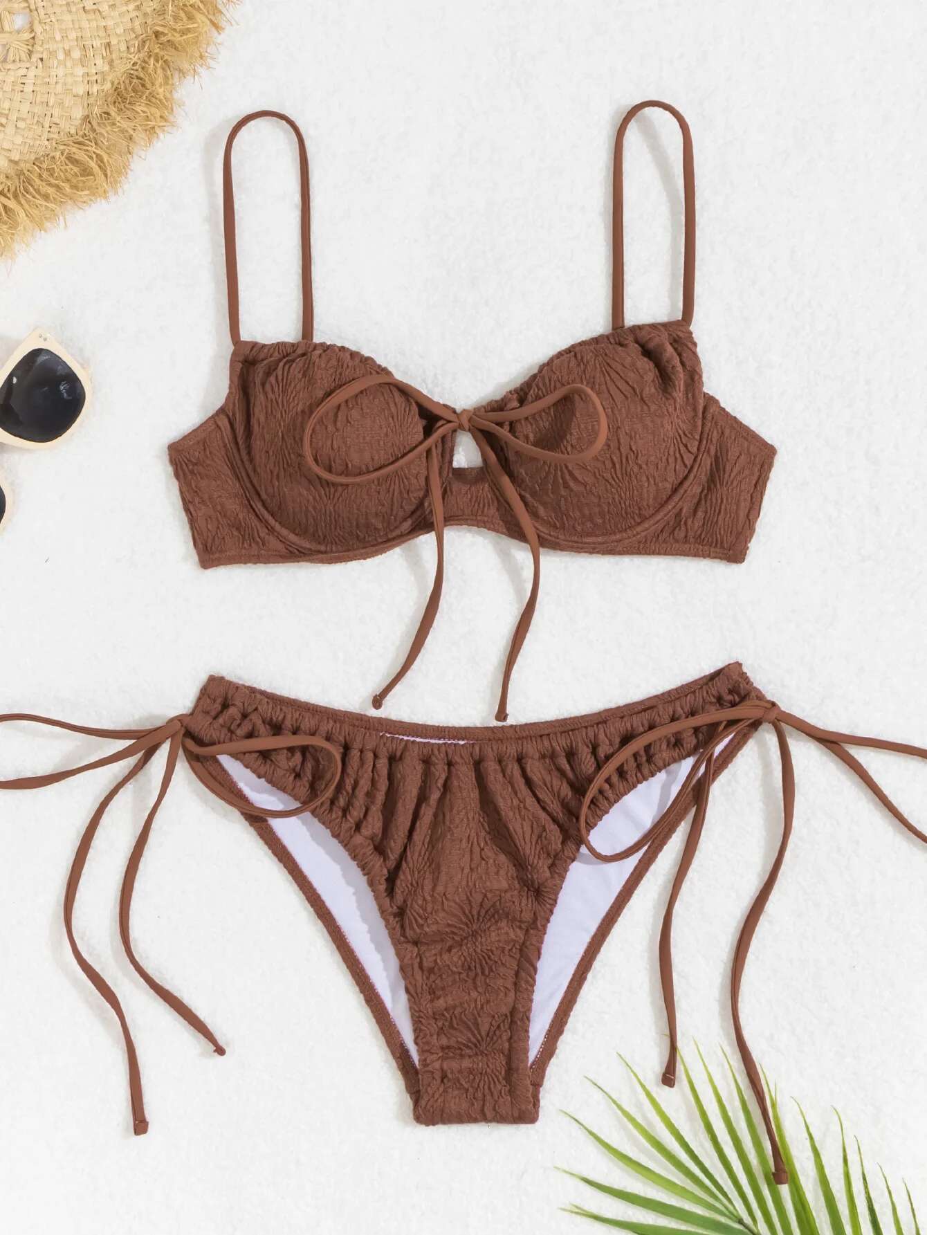 Dongdumaoyi Sexy Coffee Bikini Women Front Tie Push Up Underwire Swimsuit Brazilian Cut Out Beach Bathing Suit Side Thong Swimwear