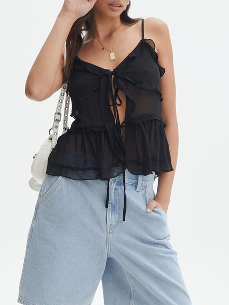 Womens Summer Casual Cami Tops Sleeveless Backless Solid Color Tie Up Ruffle Vest 250407