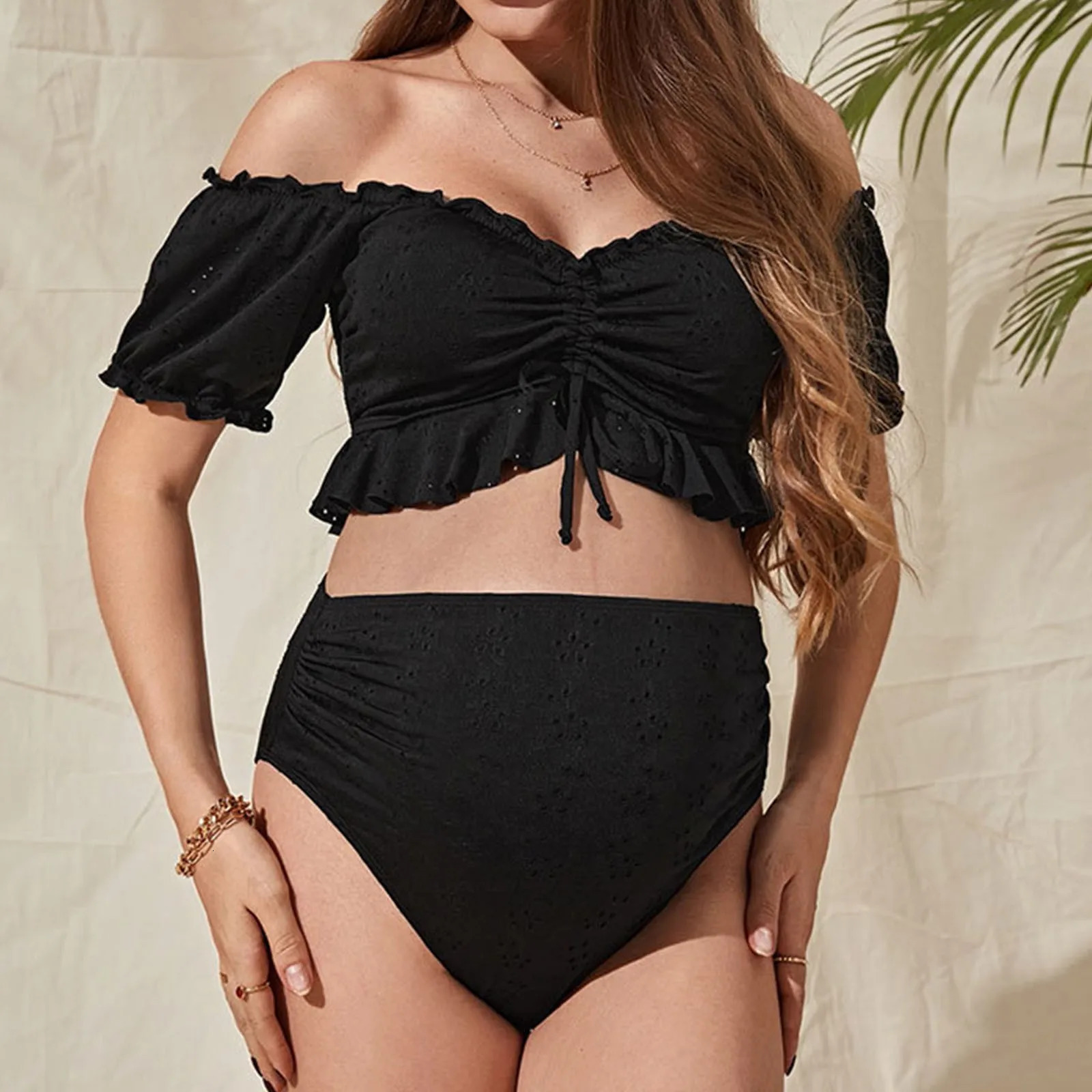 Maternity Bikini Set Tie Front Off Shoulder Two Piece Swimsuit Pregnant Women Bathers Black Bathing Suit Summer Beach Swimwear 250407