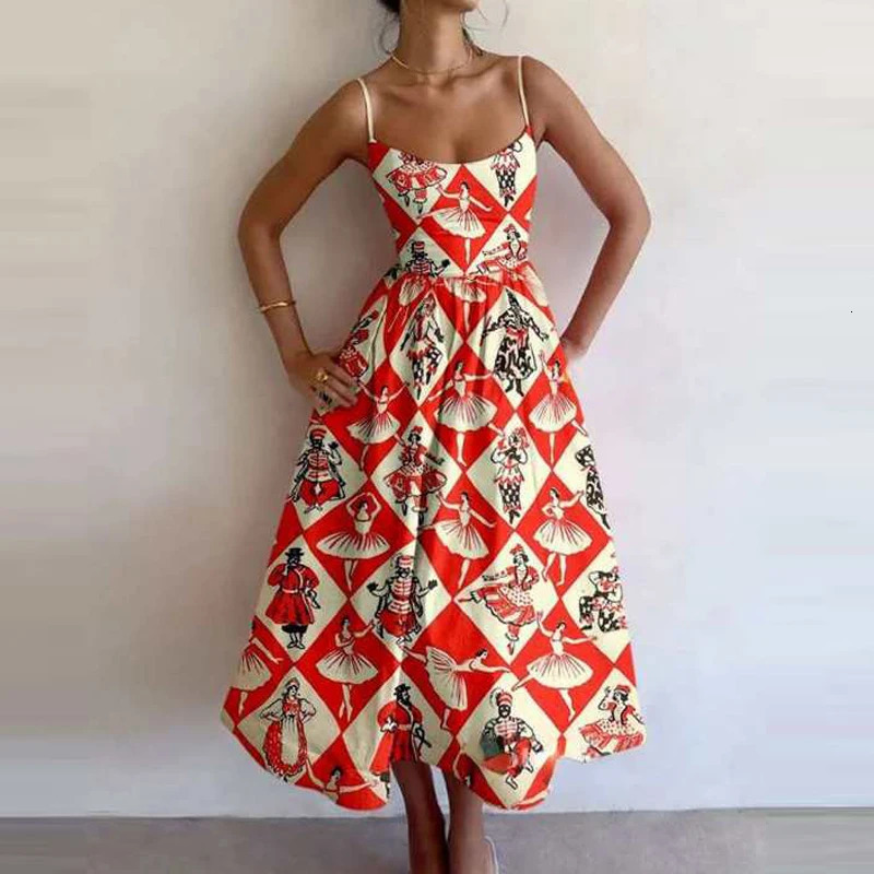 Summer Ethnic Style Women Dresses Casual Strap Off Shoulder Holiday Dress All Match Printed Tie-up Loose Pocket Maxi Dress 250407