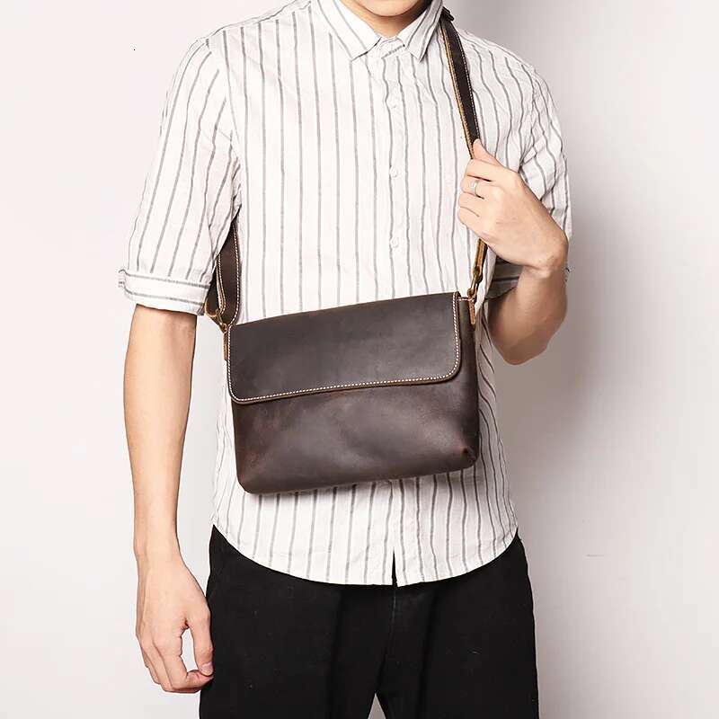 Men's Small Genuine New Simple Cowhide Shoulder Crazy Horse Leather Crossbody Bag Large Capacity Messenger Bags