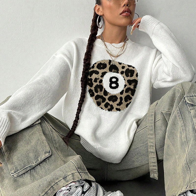 Women's color-blocked sports sweater, round-neck long-sleeve top, leopard print black eight pattern, for sports and outdoor activities---SSJ029