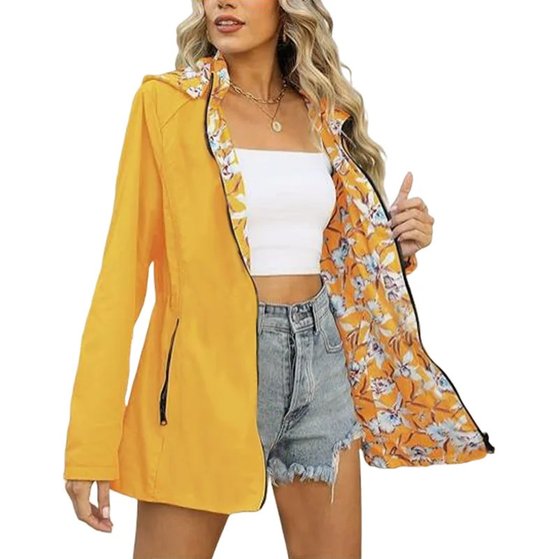 Womens autumn hooded jacket reversible printed casual with pockets multicolor streetwear S2XL matching clothing 250407