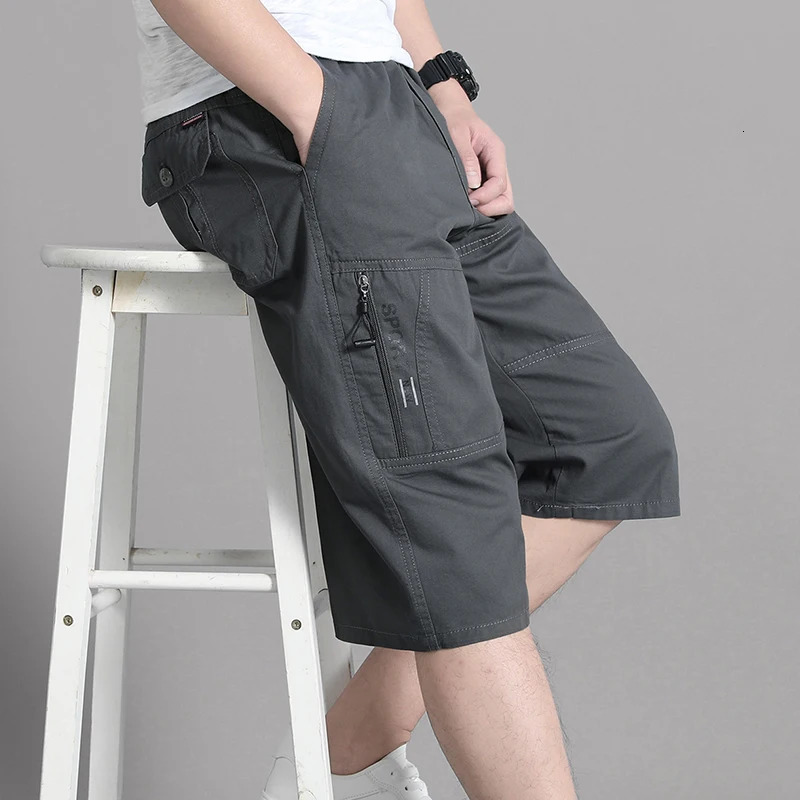 Mens cargo shorts knee pants zipper pocket summer cotton climbing jogging elastic waist sportswear 250403