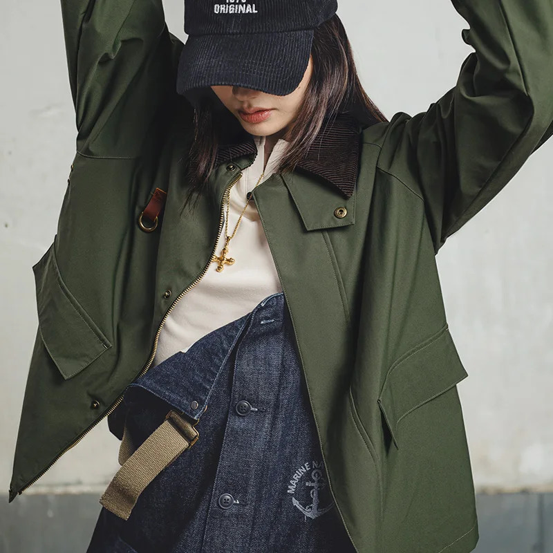 Maden Retro Womens Corduroy Patch Work Jacket Green Casual Collar Spey Hunting Spring Zipper Front Coat 250407