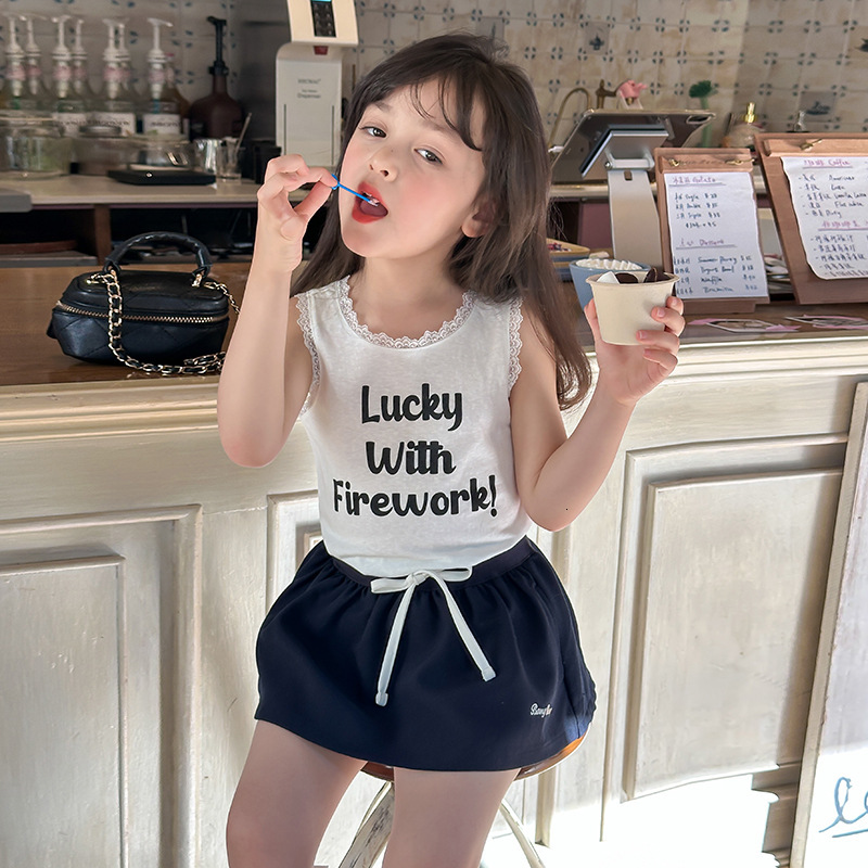 Ddmyshoesvip Girl S Elegant Interior Sleeveless T Shirt Trendy Children S Korean Version Letter Sweet Lace Small Tank Top
